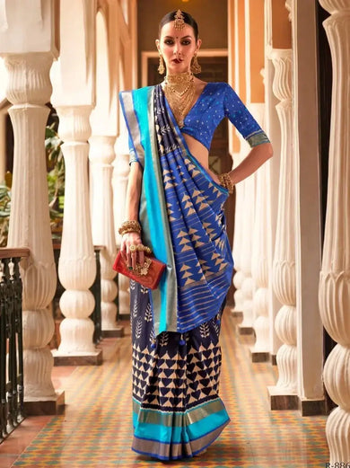 Majestic Blue Patola Printed Silk Wedding  Wear Sarees With Blouse